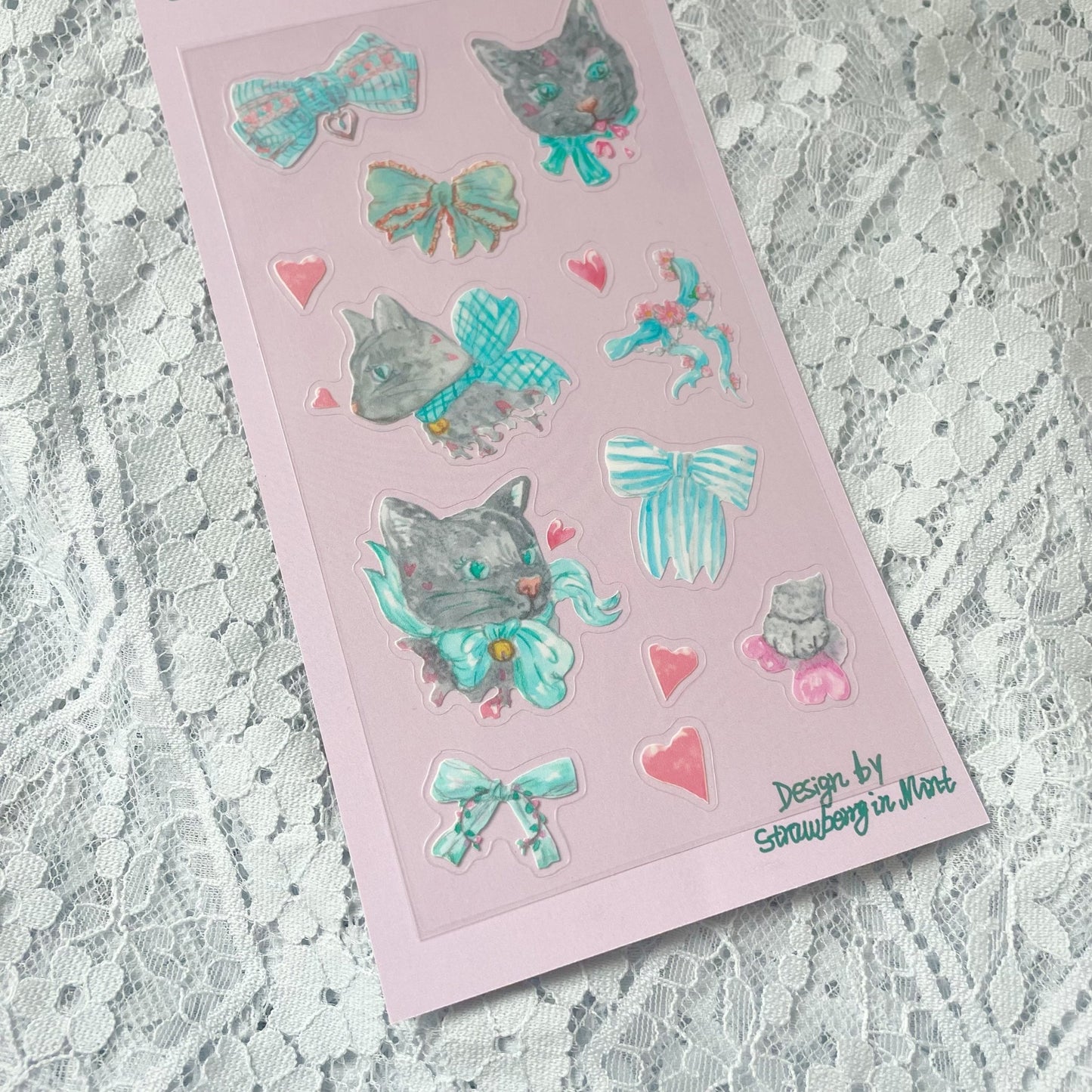 Cat & Ribbon sticker sheet - strawberryinmint