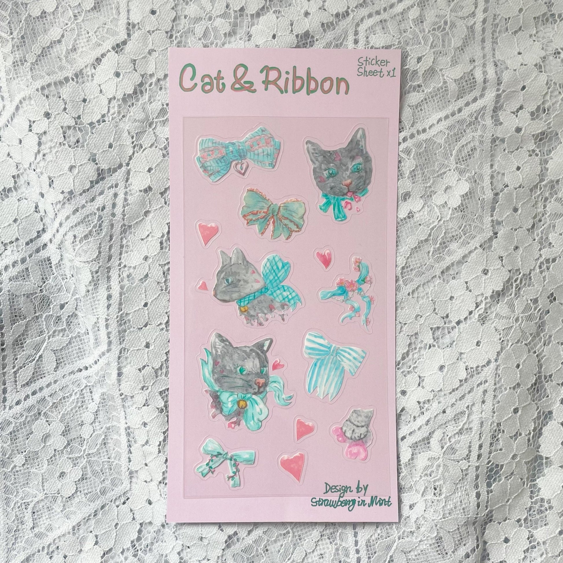 Cat & Ribbon sticker sheet - strawberryinmint