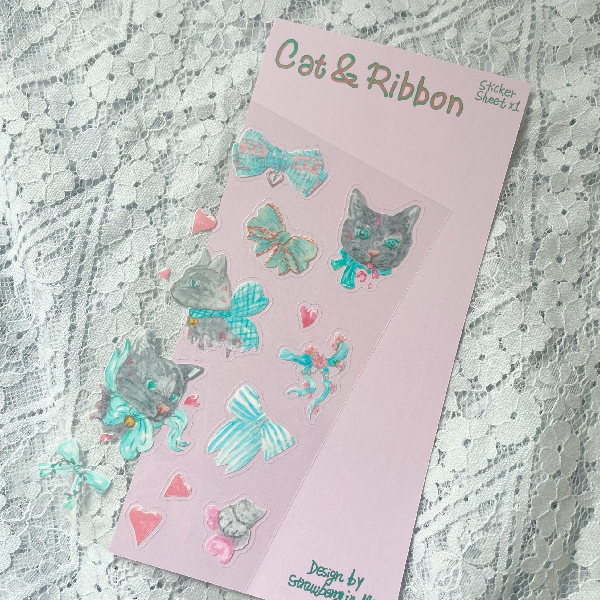 Cat & Ribbon sticker sheet - strawberryinmint