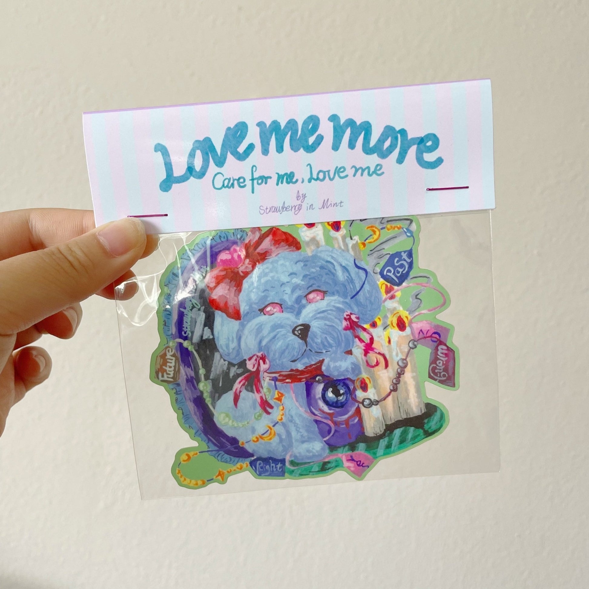 Love me more, Anxiety Puppy, Vinyl water, weather proof sticker. - strawberryinmint